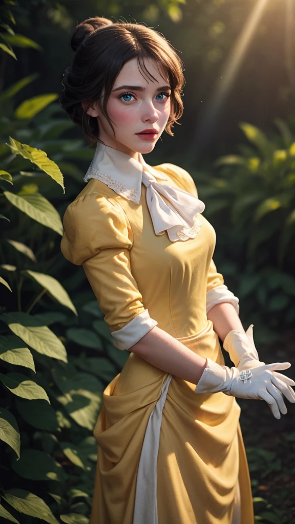 masterpiece, best quality, outdoors, lens flare, depth of field, 1girl, solo, looking at viewer, breasts, janeporter, short hair, hair bun, yellow dress, long dress, puffy sleeves, ascot, white gloves, cowboy shot