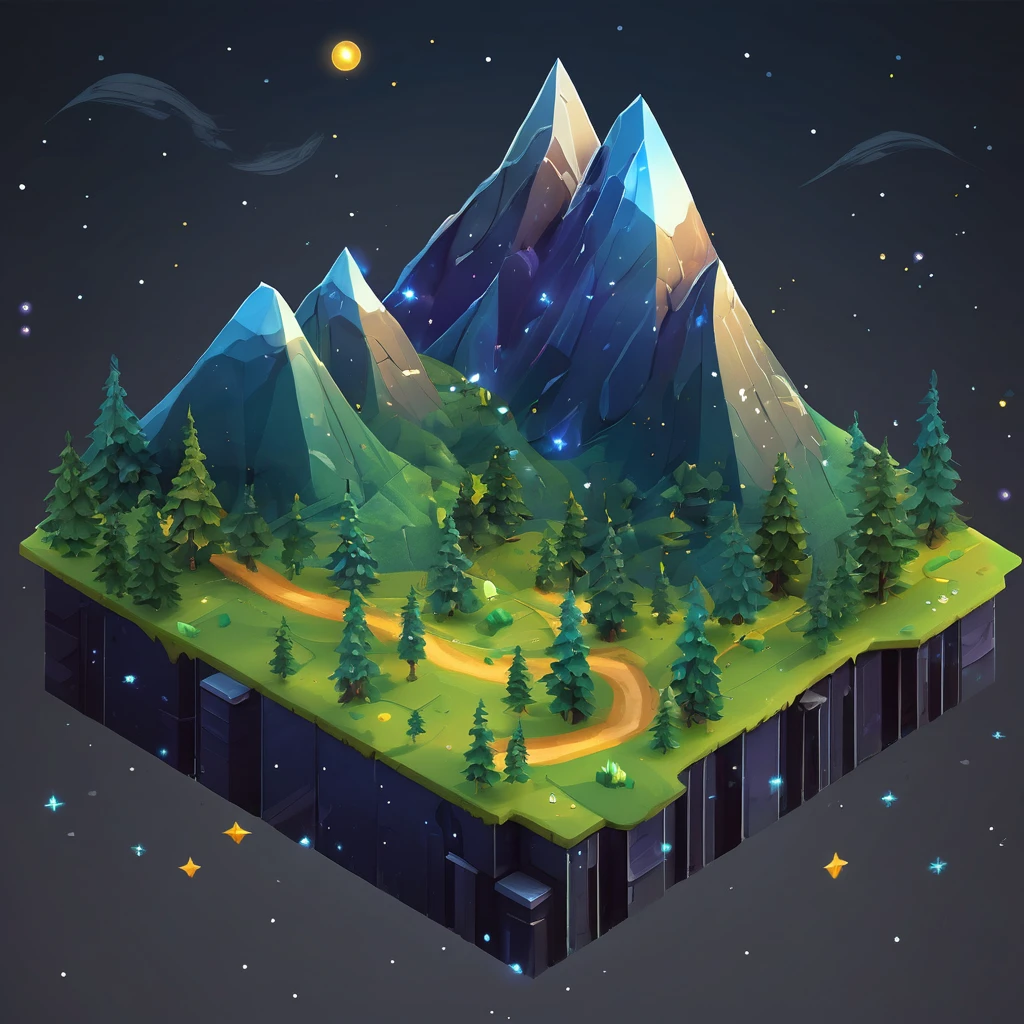 ((masterpiece, best quality)), absurdres, Isometric_Setting, woods, forest, small mountains, grassfield, space and stars background
