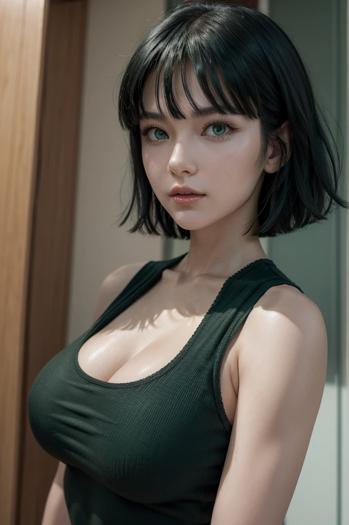 Fubuki from opm, age 25, white skin, green eyes, dark green bob hair, perfect face, perfect shape body, above large breasts, clothes covered upper body, 3d