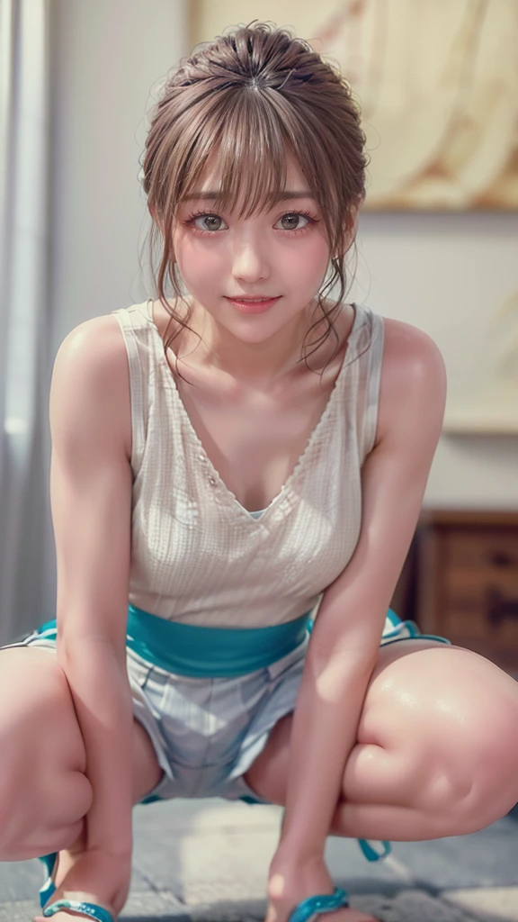 ((Highest quality, 8k, RAW Photos, masterpiece :1.3)), (Realistic、Photorealistic:1.37)、Very detailed、Ultra-high resolution, (Professional Lighting), alone, 1 female, alone, Seeing the viewer, (30 years old), Japanese, Beautiful and elaborate face, Shining Eyes, (Slim waist :1.3), Fine and beautiful skin, Skin Texture, Beautiful Face, Lip details, crowded library、Silky beautiful hair、Brown Hair、smile、 (Squatting and tiptoe, Spread your legs:1.3),oiled skin、((Highest quality, 8k, RAW Photos, masterpiece :1.3)),slim and muscular, Muscular Abs、Naked Women、Straight Hair、