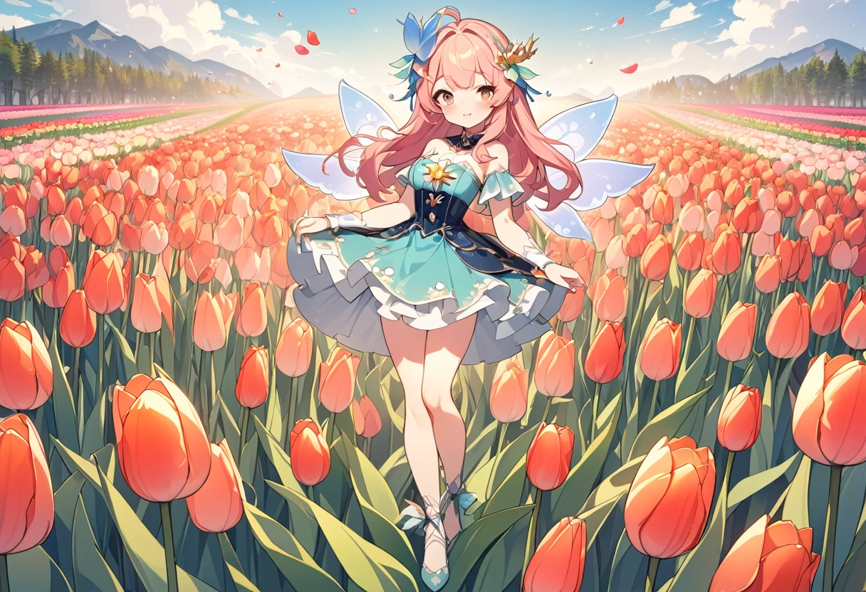 (High definition, 8k), Anime characters, ((Tulip Fairy, Big tulips, Girl among petals)), Tulip Fields, High quality fan art
