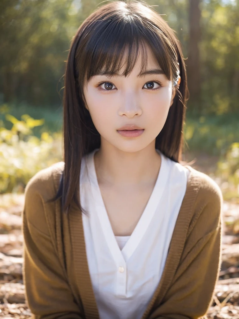 One Girl, (beautiful girl, Delicate girl:1.3), (14 years old:1.3),
break, (Cardigan Costume:1.3),
break, (Sitting in the forest:1.2),
break, Very beautiful eyes, (Symmetrical eyes:1.3),
break, Small breasts, Brown eyes, Parted bangs, Brown Hair, (Upper teeth, The best smile:0.2),
break, (Eye and facial details:1.0),
break, (masterpiece, Highest quality, Very detailed, Detailed face, 8k)