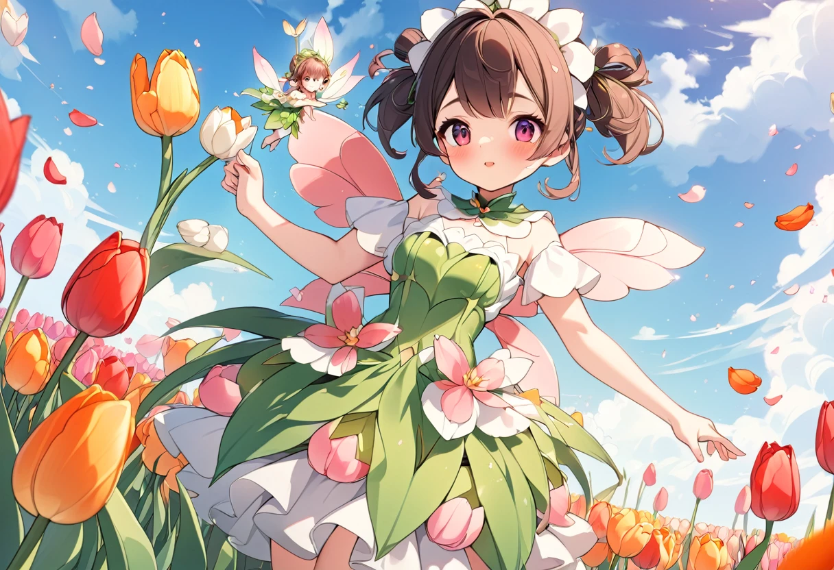 (High definition, 8k), Anime characters, ((Tulip Fairy, Tulip-themed clothing and hairstyle, Big tulips, Girl among petals)), Tulip Fields, High quality fan art