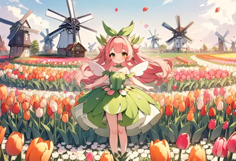 (high definition, 8k), anime characters, ((tulip fairy, tulip-themed clothing and hairstyle, big tulips, girl among petals)), tu...