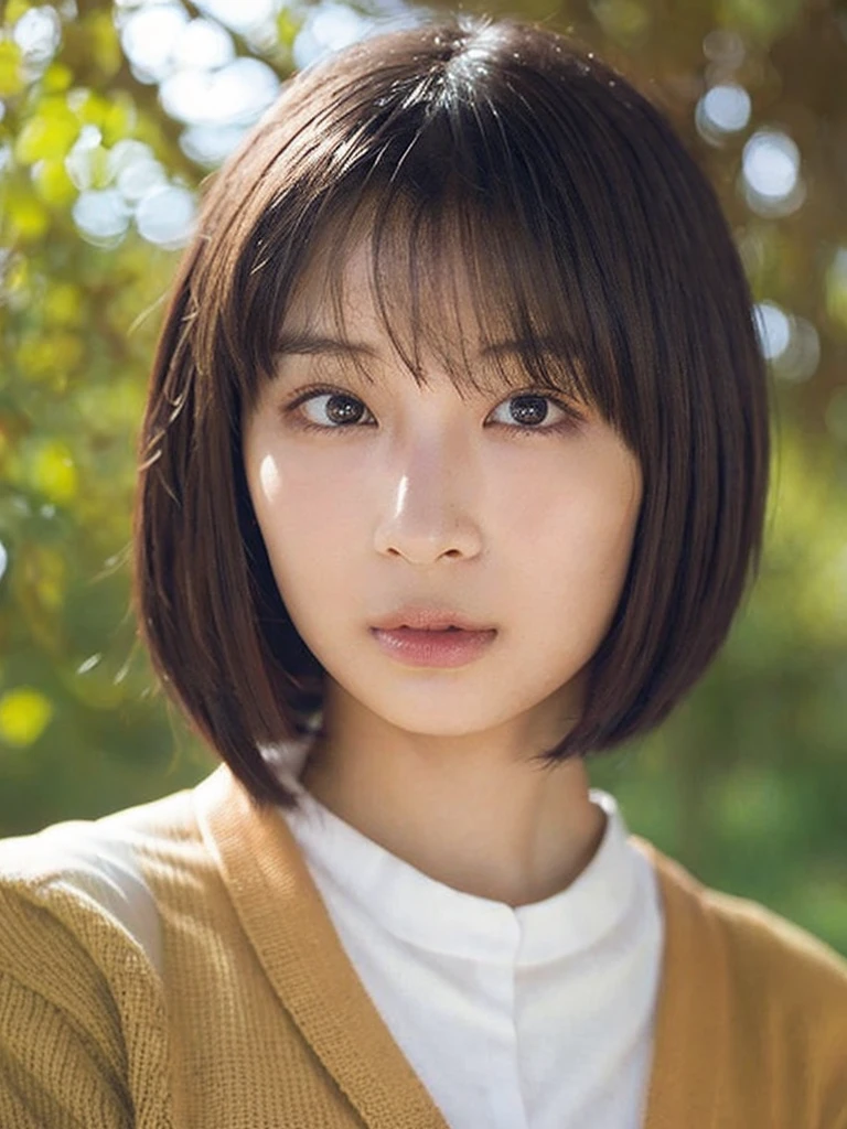 One Girl, (beautiful girl, Delicate girl:1.3), (14 years old:1.3),
break, (Cardigan Costume:1.3),
break, (Sitting in the forest:1.2),
break, Very beautiful eyes, (Symmetrical eyes:1.3),
break, Small breasts, Brown eyes, Parted bangs, Brown Hair, (Upper teeth, The best smile:0.2),
break, (Eye and facial details:1.0),
break, (masterpiece, Highest quality, Very detailed, Detailed face, 8k)