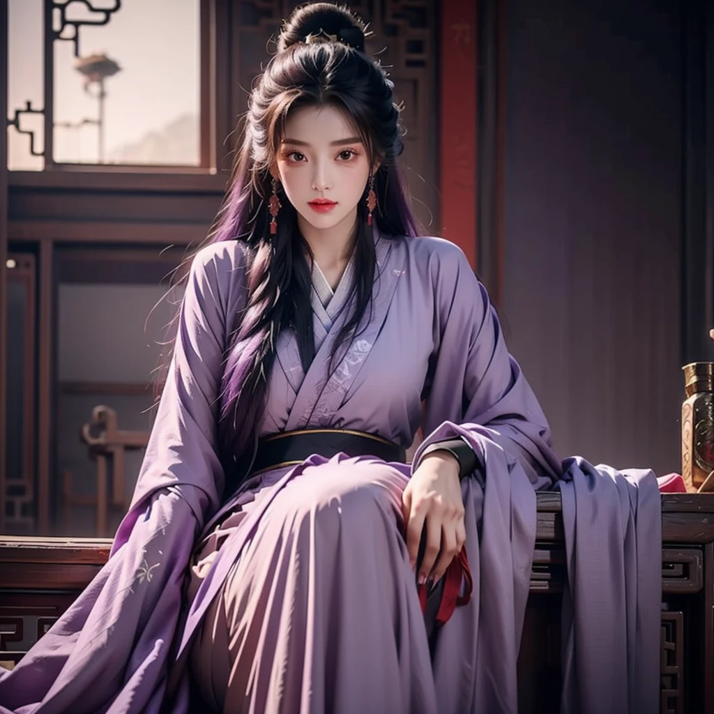 1 women, Raiden Shogun - genshin impact, long purple hair, violet eyes, violet chinese clothes, ultra long skirt, sitting at a table in chinese room