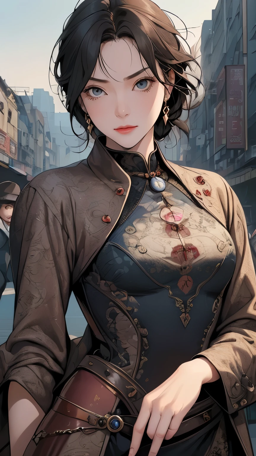 (masterpiece:1.3), (Confused:1.3), (Highest quality:1.3),(Perfect Anatomy),(Detailed face),steampunk, Victorian era,Hongkong,Kowloon,Horizontal Angle,hand,((View your viewers)), (Very detailed:1.3),(Best Shadow:0.7), alone,One middle-aged woman in her 50s,Demon slayer,exorcist,(Processed hair), 髪をbehind引っ張る,Beautiful Eyes, Beautiful Eyes, One mature woman,alone, Are standing, Crystal Earrings,Closed_mouth, arm_behind_return,Outdoor rest, intimidating pose,Cowboy Shot、Small face