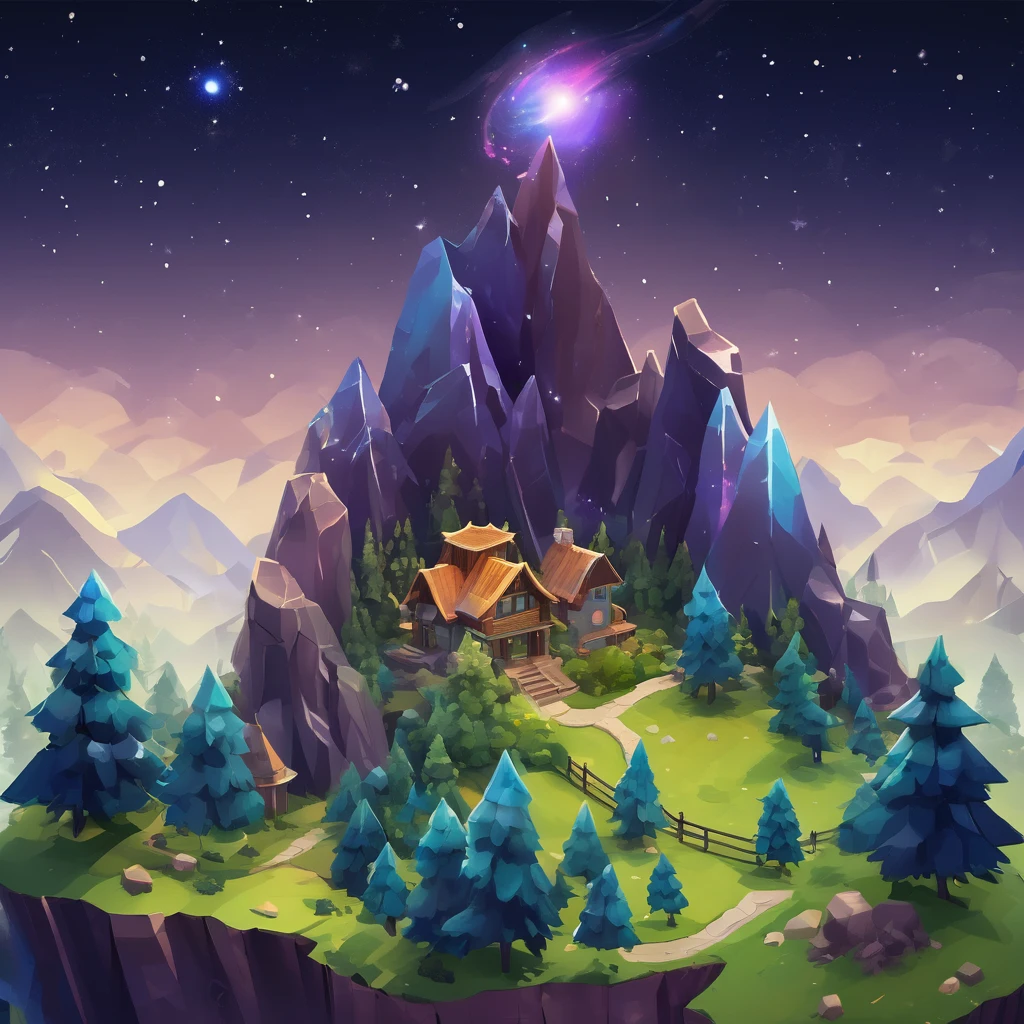 ((masterpiece, best quality)), absurdres, Isometric_Setting, woods, forest, small mountains, grassfield, space and stars background
