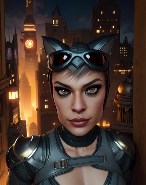 selina,lips, brown eyes, looking at viewer, goggles on head, head cap with cat ears, armor, gloves,bodysuit,choker,
 standing, s...