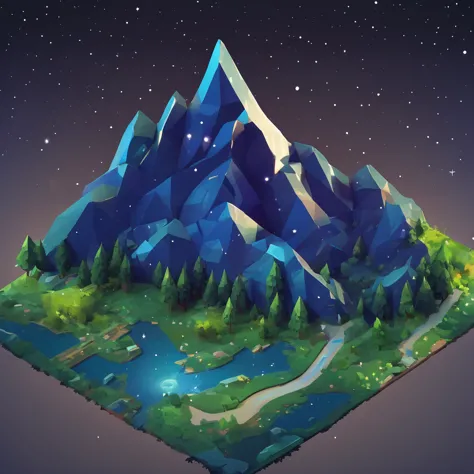 ((masterpiece, best quality)), absurdres, isometric_setting, woods, forest, tiny mountains, grassfield, space and stars backgrou...