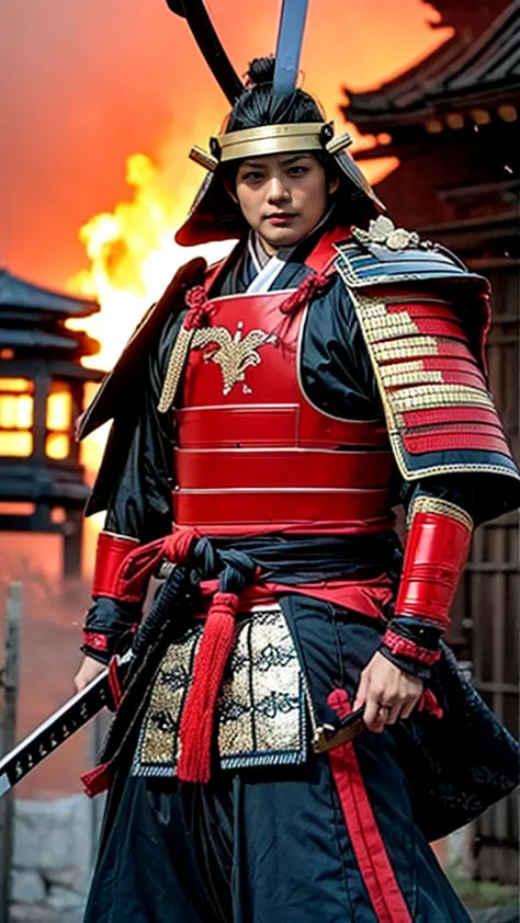 samurai，warrior，Akechi Mitsuhide，Against the backdrop of a burning castle，Helmet with a bellflower crest，Put on your jinbaori co...