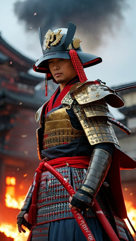 Upper body only,samurai，warrior，Akechi Mitsuhide，Against the backdrop of a burning castle，Helmet with a bellflower crest，Put on your jinbaori coat，armor，It has the aura of a kirin。