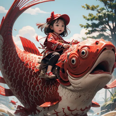 1girl,red fish,kid,chinese clothing,masterpiece,best quality,ultra-detailed,riding,