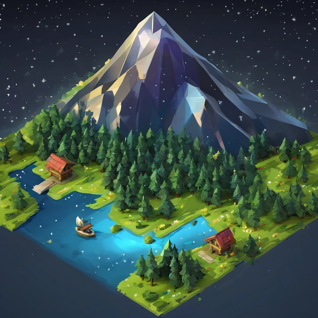 ((masterpiece, best quality)), absurdres, Isometric_Setting, woods, forest, (floating city), tiny mountains, grassfield, space and stars background
