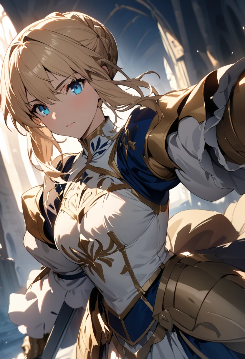 (masterpiece:1.2), (highest quality:1.2), Perfect Eyes, Perfect Face, Perfect lighting,1girl, holding sword artoria pendragon \(fate\), fate \(series\) perspective medieval beautiful, aesthetic, detailed, beautiful color amazing quality, best quality, high quality