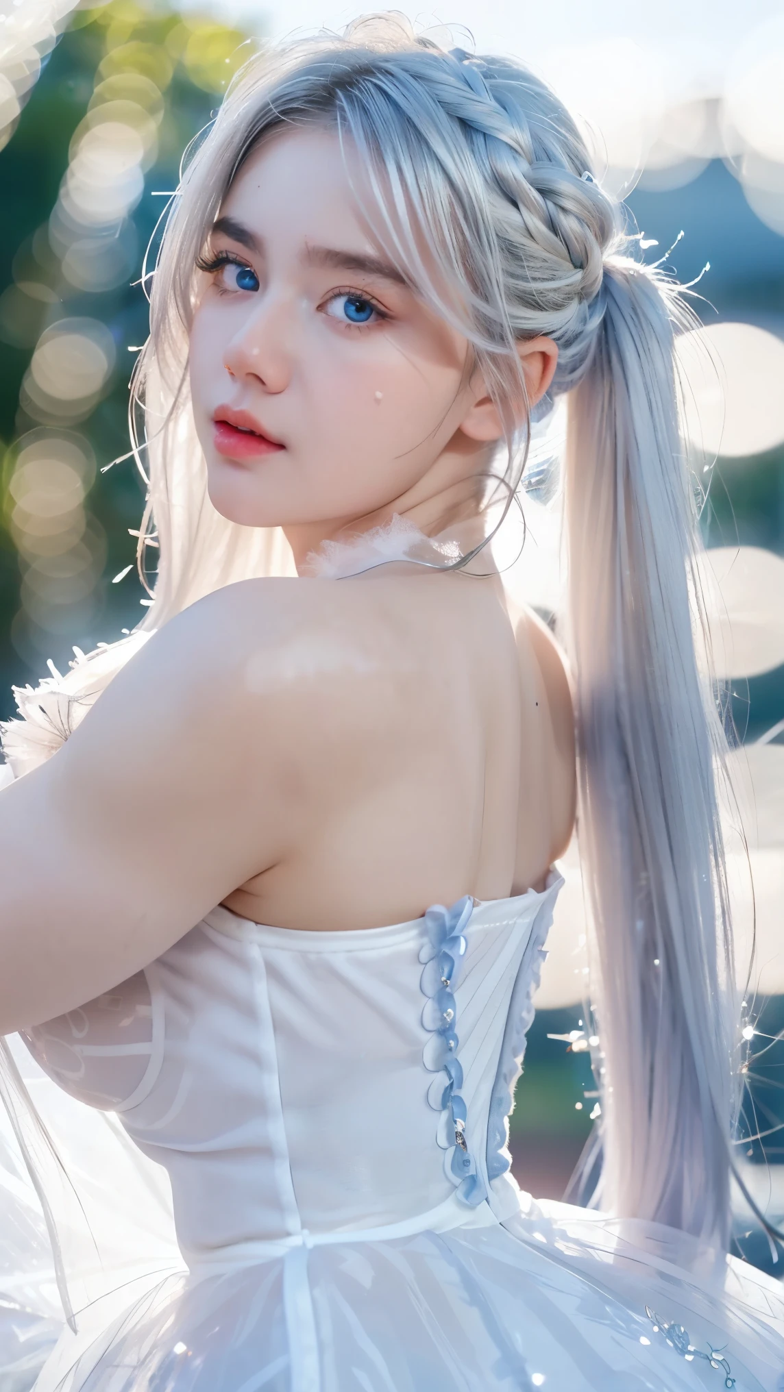 Georgeous, Beautiful, Cute, Baby Face, 18 Years Old, White Skin, Cleavage, ((Large Colossal Breast:1.3)), Sleeveless, Off Shoulder, Strapless, ((Transparent:1.3)), ((White Long Lolita Dress)), (Embroidery), Posing, ((Silver Hair)), ((Bright Blue Eye)), ((Muscles:1.3)), ((Bokeh:1.3)), Animal Farmer Background, Masterpiece, Twintails