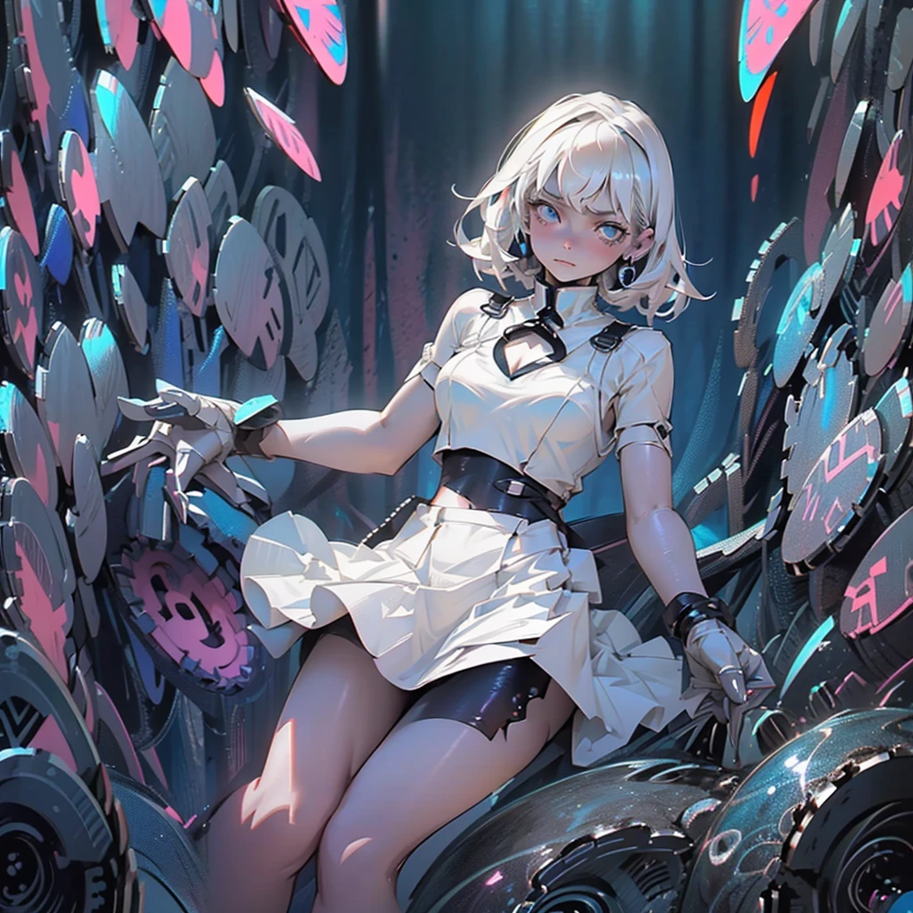 Alice crying in the deep sea, Short skirt, holster, Absurd, RAW Photos, Very delicate and beautiful, masterpiece, Highest quality, Ultra-high resolution, 32K, Surreal, Very detailed, Detailed Description, Pale skin, 20-year-old, Natural Lip, Big Breasts, Earrings, Short Medium Hair, Wavy Hair, Full Body Shot,