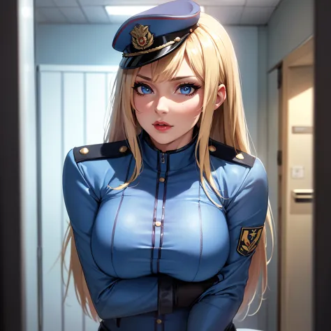 a beautiful russian policewoman with blonde hair and blue eyes,full red lips,her tight uniform hugs her curves,posing sexy insid...