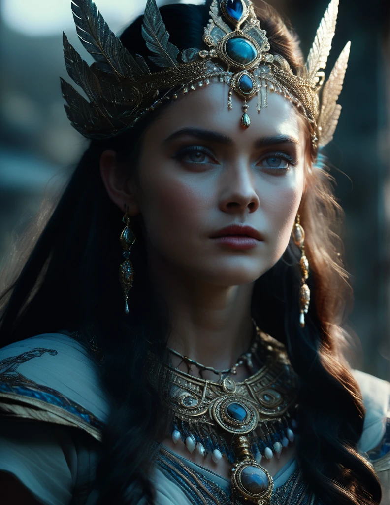 mystical female protagonist, intricate fantasy dress, glowing ethereal aura, detailed ornate headpiece, sweeping dramatic cape, enchanting eyes, porcelain skin, flowing hair, serene expression, dark moody lighting, cinematic dramatic atmosphere, vibrant jewel-toned colors, creative whimsical concept art, (best quality,4k,8k,highres,masterpiece:1.2),ultra-detailed,(realistic,photorealistic,photo-realistic:1.37)