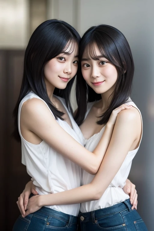 Identical twins with the same face put their arms around each other、Hugging