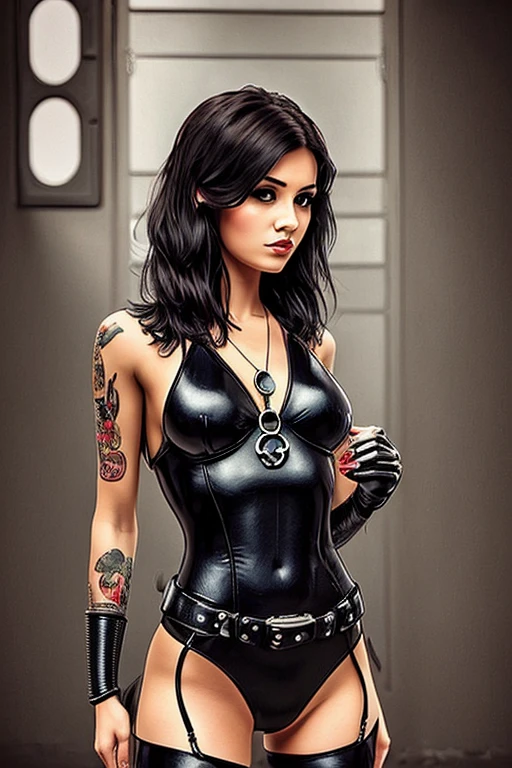 1girl, Solo, Short Hair, Simple background, Accurate, Female, neuromancer, grungy gothic, tattoo, everyonesTT, bmb-fc, d34th3ndl3ss