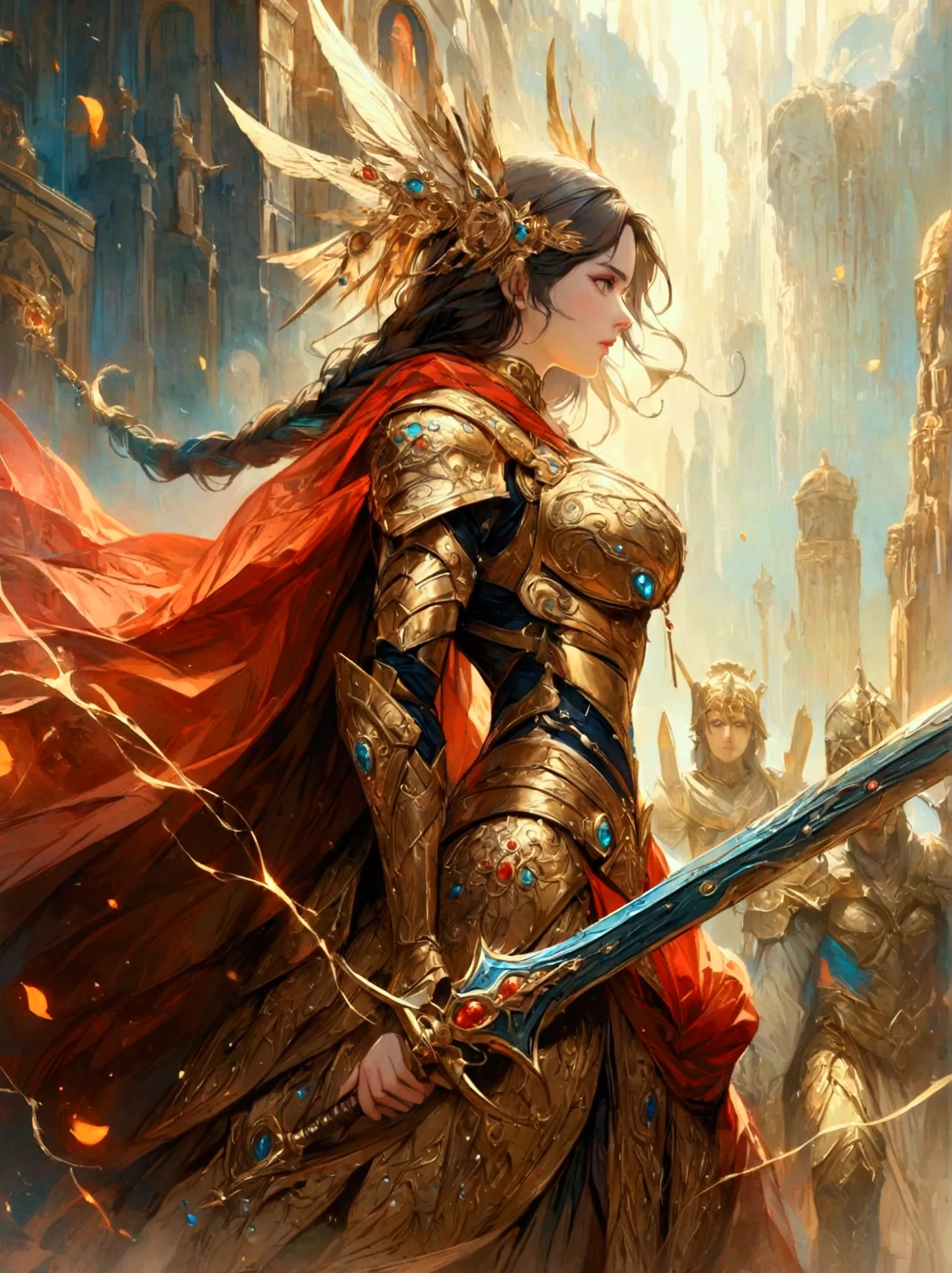 a majestic warrior, swathed in shimmering armor and brandishing a grand sword, is standing in the middle of an intense battle. t...