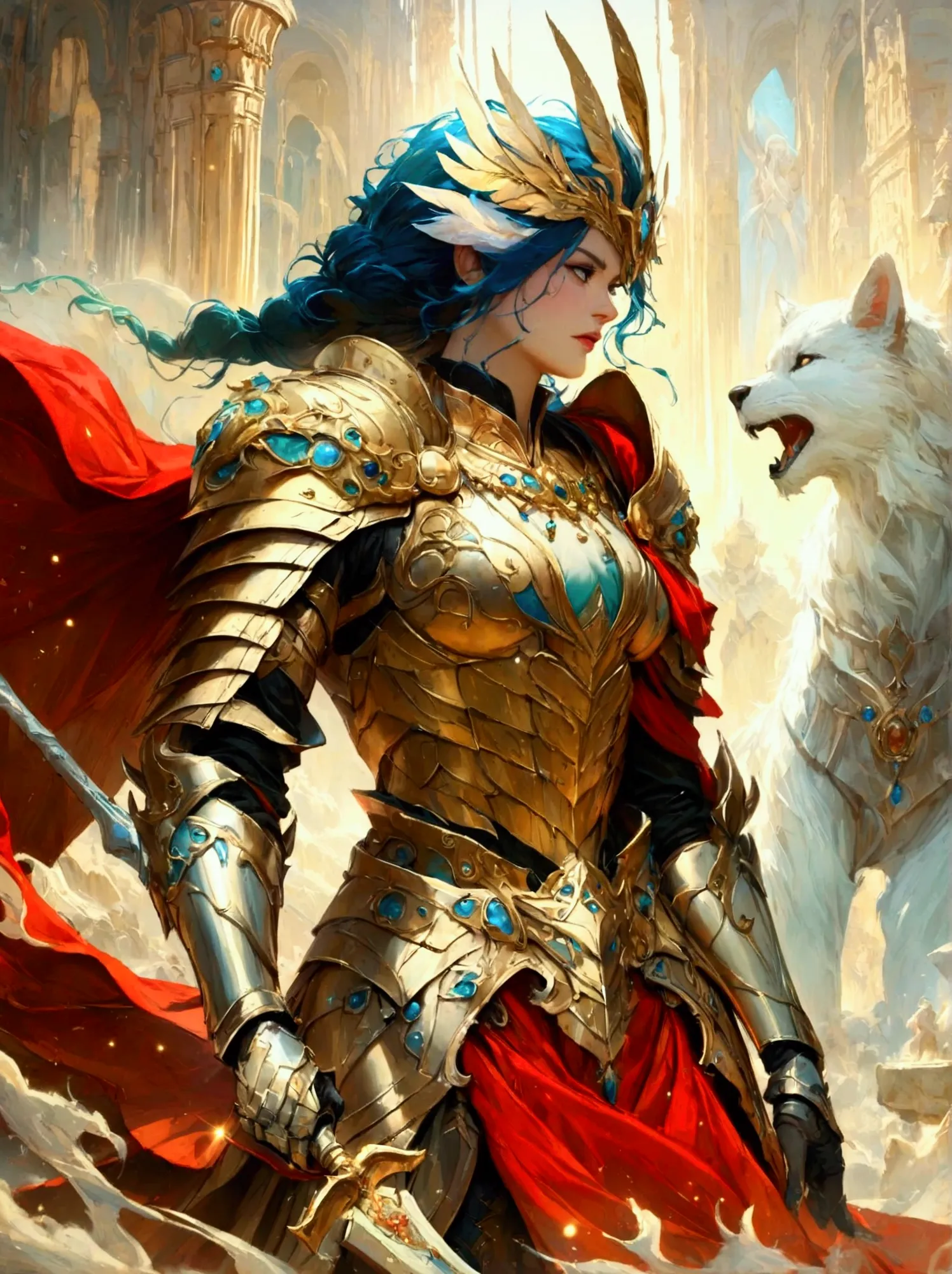 a majestic warrior, swathed in shimmering armor and brandishing a grand sword, is standing in the middle of an intense battle. t...