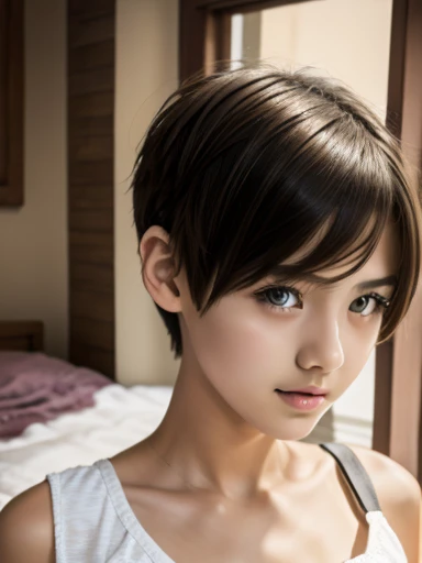 A 13 year old beautiful and slim girl with short hair. Tomboy hair style. Breast can be seen.