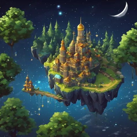 ((masterpiece, best quality)), absurdres, isometric_setting, woods, forest, (floating city, metropolis), tiny mountains, grassfi...