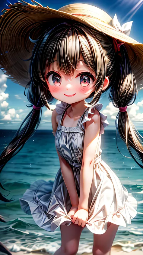 最high quality, masterpiece, , ,short, huge breasts, black hair,low twin tails, black eyes, yukinecris, thin twin tails,, beach, ...