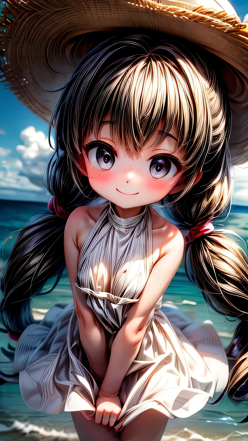 最high quality, masterpiece, , ,short, Huge breasts, Black Hair,Low twin tails, Black eyes, Yukinecris, Thin twin tails,, Beach, Ocean, White Dress, White Skirt, White dress, Straw hat,  (((shy))), (Happy), Leaning forward, summer, From above, Reaching out, smile, masterpiece, 最high quality, high quality, High resolution､ ((smile)), smileで､((Random pose))､