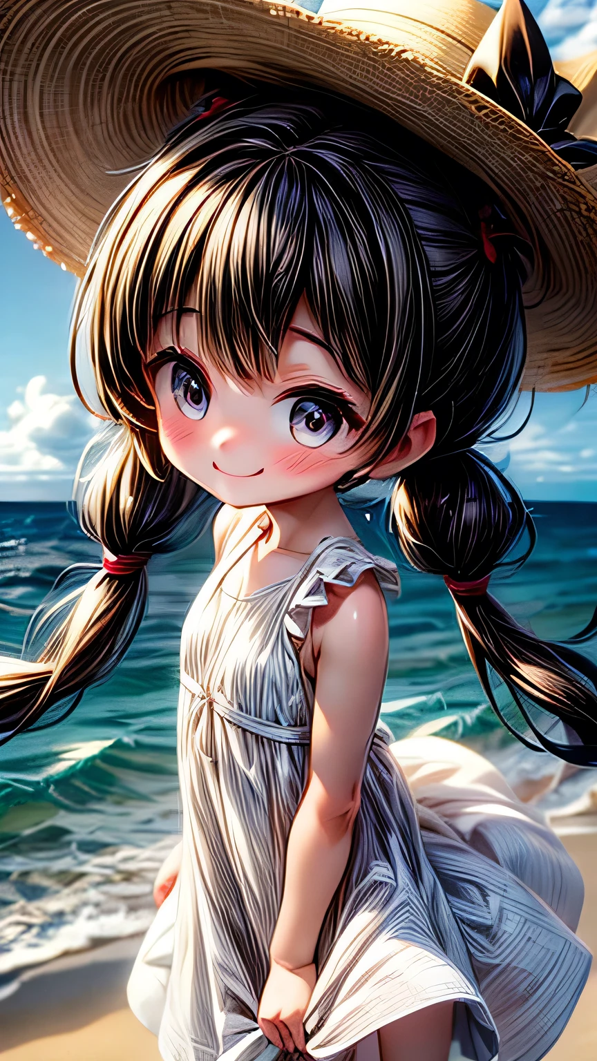 最high quality, masterpiece, , ,short, Huge breasts, Black Hair,Low twin tails, Black eyes, Yukinecris, Thin twin tails,, Beach, Ocean, White Dress, White Skirt, White dress, Straw hat,  (((shy))), (Happy), Leaning forward, summer, From above, Reaching out, smile, masterpiece, 最high quality, high quality, High resolution､ ((smile)), smileで､((Random pose))､