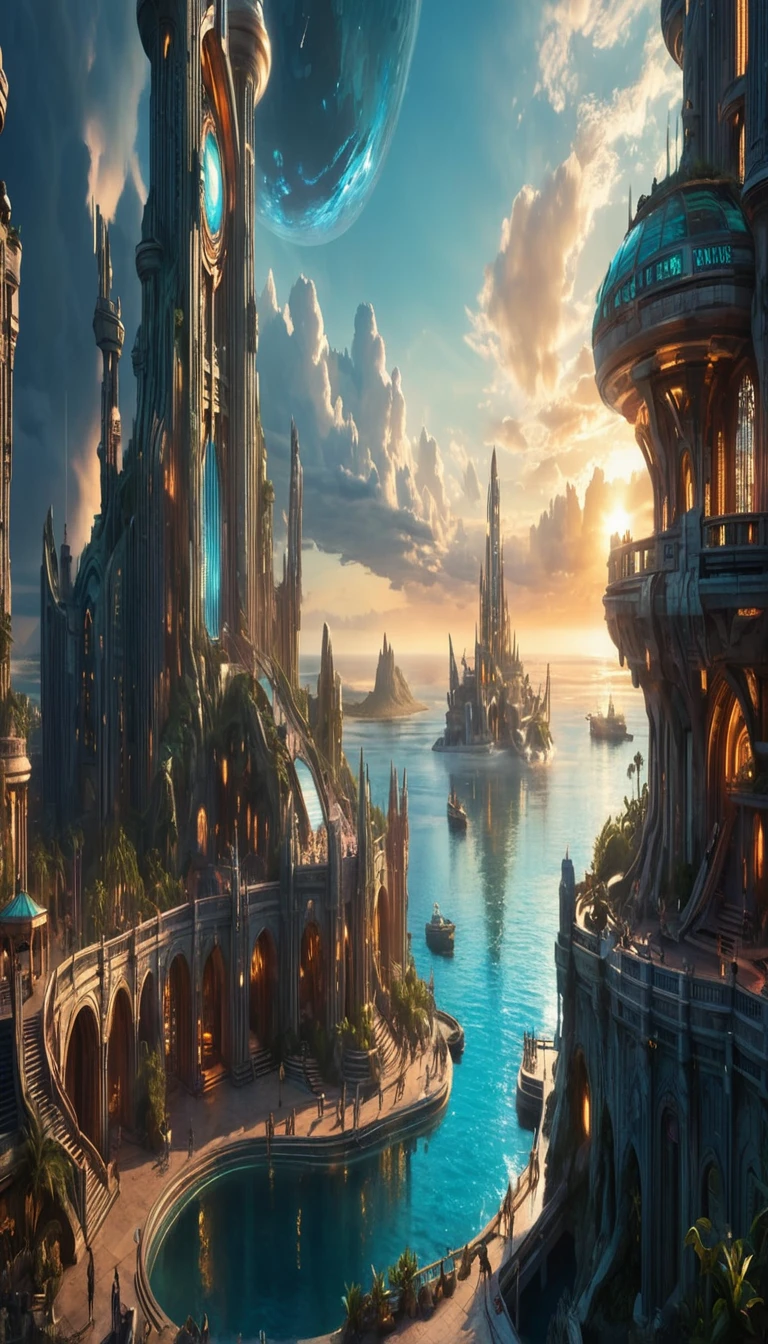 View of a futuristic city with a large clock tower, Fantasy sci-fi city, Sci-Fi Fantasy Wallpapers, Ancient sci-fi city, 4K Fantasy Art, Sci-Fi Fantasy Desktop Wallpaper, 8K High Resolution Concept Art, Future Utopian Fantasy, 8k fantasy art, Highly detailed digital art in 4K, Fantasy style 8k octane rendering