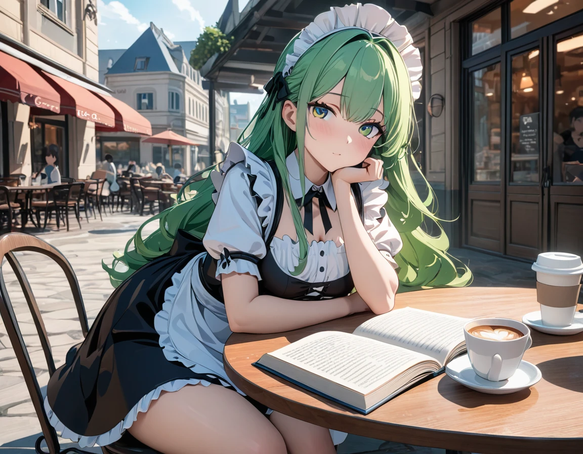 (((Best quality, 8k, Masterpiece: 1.3)), ((best quality)), ((masterpiece)), (detailed), perfect face, A maid girl with long green hair, she looks at me, Her thick hair flows, A maid costume with frills, high resolution, Textured skin, anime style, Reading on the open terrace of a cafe, a coffee cup is placed on a white round table, reading a cookbook, Legs crossed