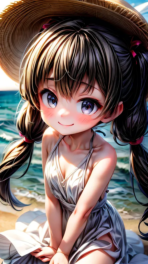 最high quality, masterpiece, , ,short, huge breasts, black hair,low twin tails, black eyes, yukinecris, thin twin tails,, beach, ...