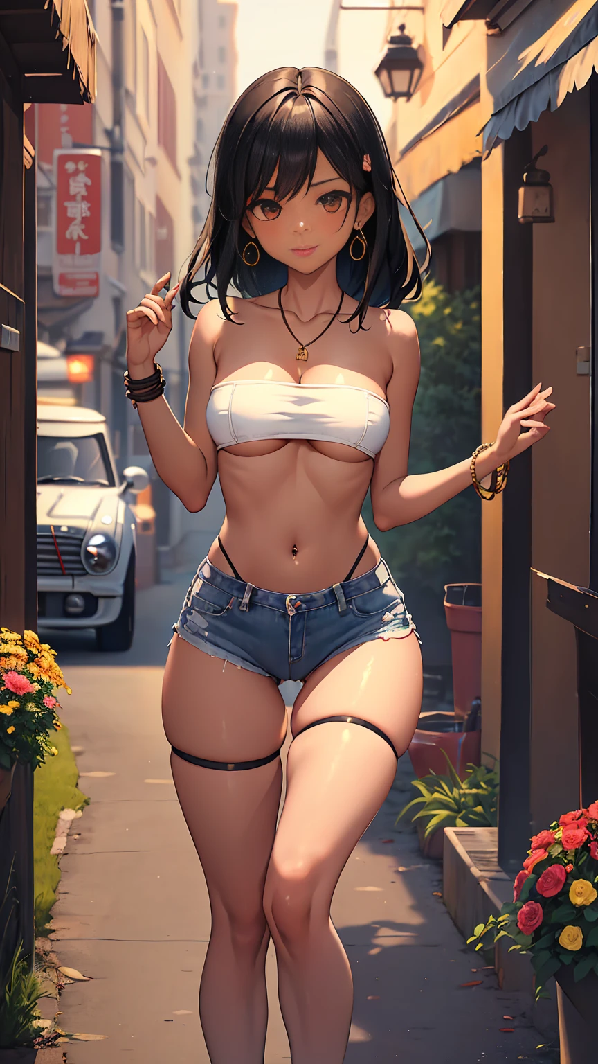 1girl, anime girl, anime, (dark skin), bracelet, necklace, earrings, 2d girl, 18y, (fullbody), anime girl, seductive smile, (black hair), flowing hair, hair flowing in the wind, ((mini,tube top,strapless)), ((underboob view)), (((hands on our breasts))), cleavage, Solo, Slim, Big Breasts, Tight Shorts, low waist shorts, upshorts, outdoors, night background, flowers, looking at viewer, darker shadows, (((explicit))), (((short,shorts))), (((absurdres))), (((thigh gap))), (((NSFW))), (((cameltoe))), (((lowleg shorts))), (((sexy))), (((sensual))), (((cameltoe,Detailed description vagina))), (((mini tube))), (((Tube Top))), (((Strapless)))