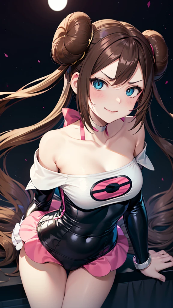 Erotic、tall、Pokemon　May「Rose」、Brown hair twin tails bun、No sleeve、Off the shoulder、Training wear　Amitants　Pink line、Evil female executive、sexy、Evil smirk face、tall、adult、lure、Alluring、Pitch black background、Dark bedroom at night