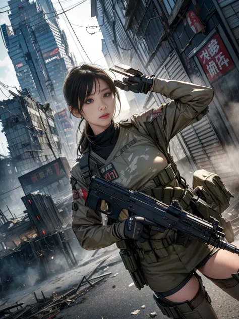 standing strong amid the chaos of urban warfare、extremely realistic detail of a japanese girl in armor、a breathtaking photoreali...