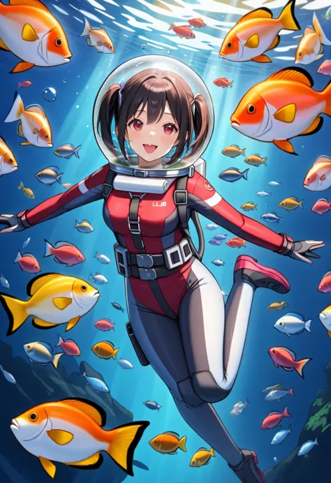 black hair, red eyes, eva helm, bubble helmet, space helmet tongue out, drooling,1girl, short hair, solo, looking at viewer, rea...