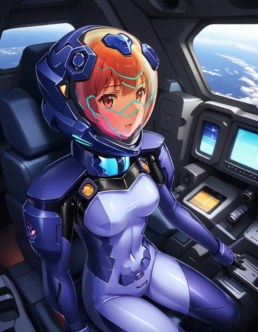 ((Female pilot in the cockpit of a reconnaissance plane), (airplane cockpit), (in flight), (10000 feet altitude)、(sky view):1.7),, short hair, street, emo, BLACK hair, white eyes, eyeliner, apocalypse, girl, nside the (cockpit:1.9) of a (futuristic spaceship:1.6), , blush,sitting on a chair, covered navel, space helmet, muvluv, space helm, plug suit , space helmet, eva helm, space suit, short hair,