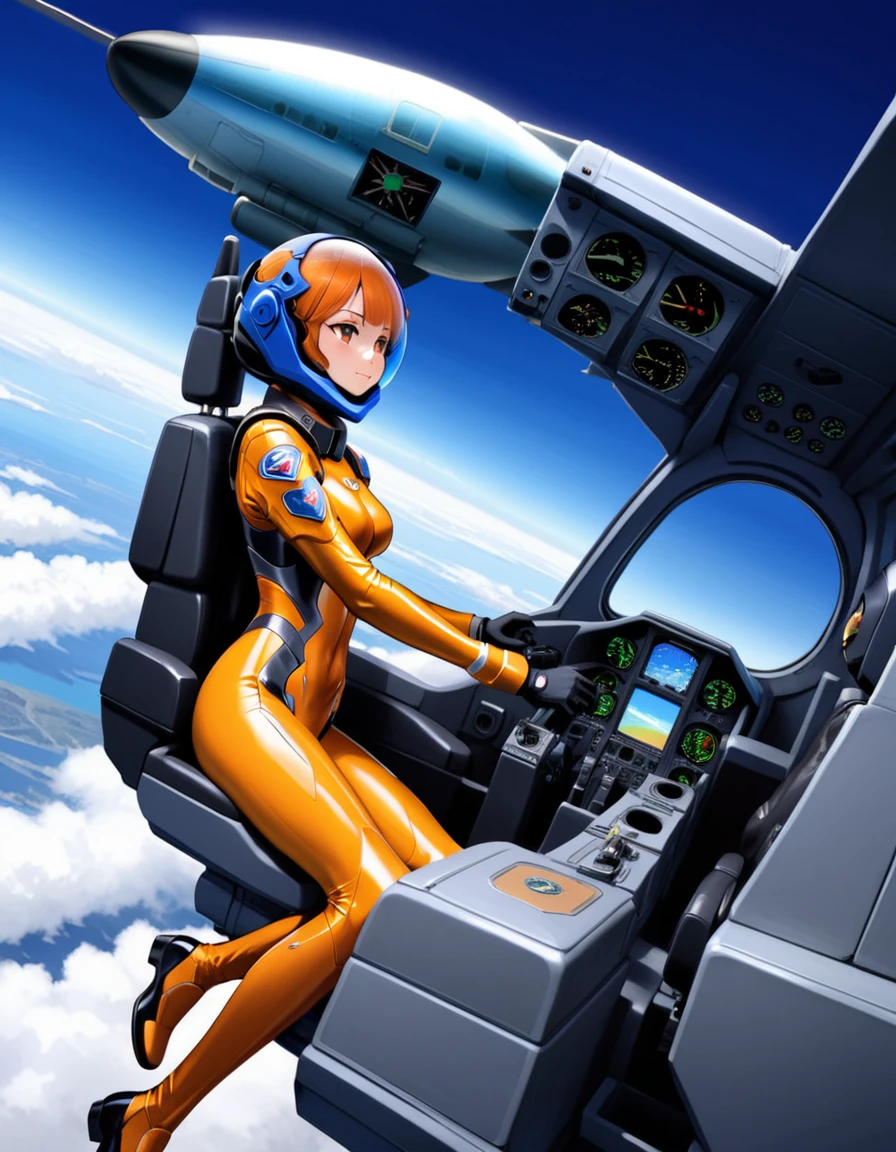 ((Female pilot in the cockpit of a reconnaissance plane), (airplane cockpit), (in flight), (10000 feet altitude)、(sky view):1.7),, short hair, street, emo, BLACK hair, white eyes, eyeliner, apocalypse, girl, nside the (cockpit:1.9) of a (futuristic spaceship:1.6), , blush,sitting on a chair, covered navel, space helmet, muvluv, space helm, plug suit , space helmet, eva helm, space suit, short hair,from side