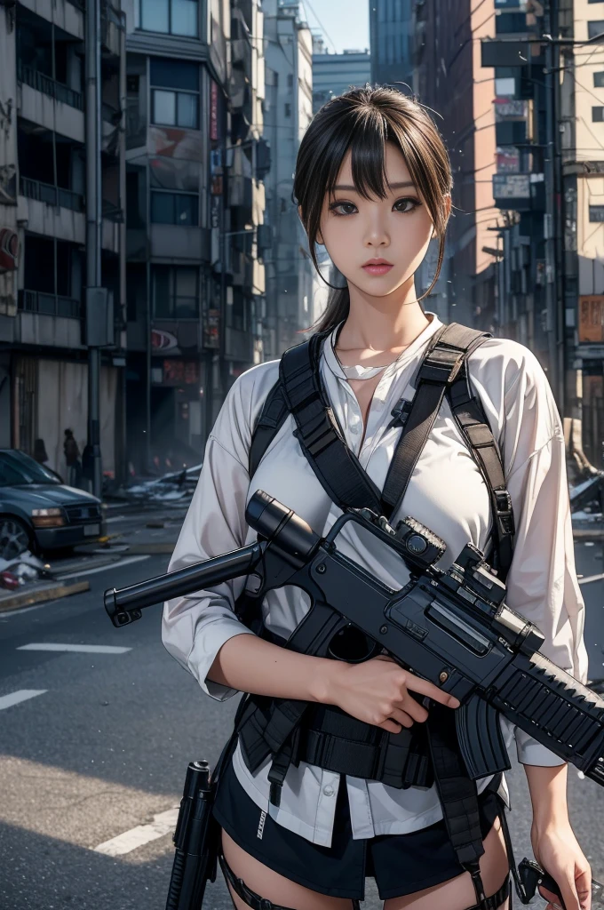 Standing strong amid the chaos of urban warfare、Capturing the ultimate realistic details of Japanese girls、A breathtaking photorealistic masterpiece。Framed in expansive 16k ultra-high resolution, this stunning image、Showing her ultimate cute face with delicate features and smooth ultimate RAW skin。Her eyes sparkle with determination as she holds her assault rifle against a backdrop of destruction.。The machine&#39;s armor glitters under the intense light.、Casts realistic shadows that make the image appear to jump out of the screen。The overall composition is a testament to Special Forces training.、A girl&#39;s entire body is on display in all its mechanized glory。