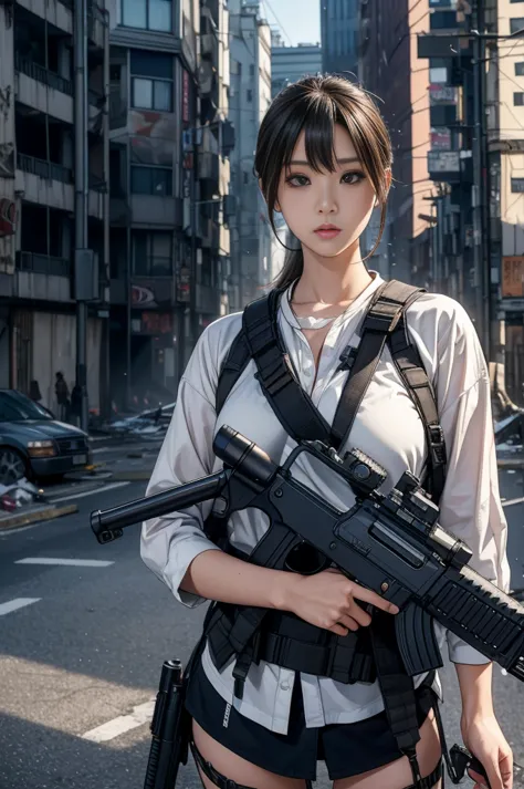 standing strong amid the chaos of urban warfare、capturing the ultimate realistic details of japanese girls、a breathtaking photor...