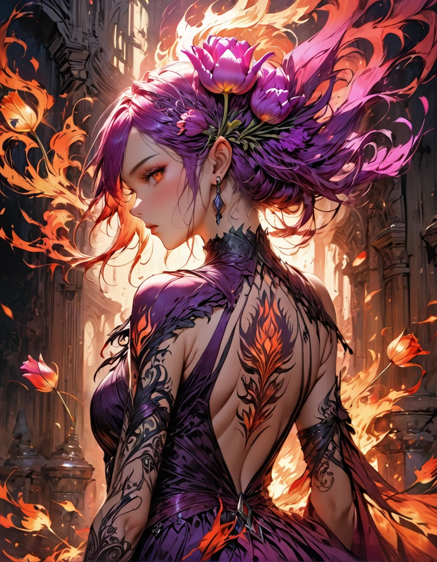 Arafed, Dark fantasy art, fantasy art, goth art, a picture of a tattoo of a tulip on the back of a female elf, a glowing tattoo of a ((tulip: 1.3)) on the elf's back, the ((tulip tattoo: 1.3)) is vivid, intricate detailed,  GlowingRunesAI_purple, ((fire surrounds the tulip: 1.5)), shot taken from the back, ((the back is visible: 1.3), she wears a transparent red dress, the dress is elegant, flowing, elven style, that the tattoos glow, dynamic hair color, dynamic hair style,  vibrant, Ultra-high resolution, High Contrast, (masterpiece:1.5),  highest quality, Best aesthetics, best details, best quality, highres, 16k, (ultra detailed: 1.5), masterpiece, best quality, (extremely detailed) RAW, (ultra details, Masterpiece, best quality) faize, Digital Painting, *channel_42*