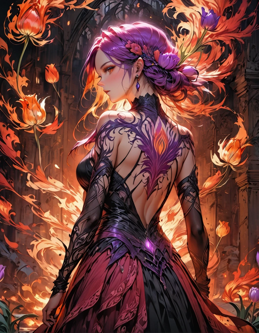 Arafed, Dark fantasy art, fantasy art, goth art, a picture of a tattoo of a tulip on the back of a female elf, a glowing tattoo of a ((tulip: 1.3)) on the elf's back, the ((tulip tattoo: 1.3)) is vivid, intricate detailed,  GlowingRunesAI_purple, ((fire surrounds the tulip: 1.5)), shot taken from the back, ((the back is visible: 1.3), she wears a transparent red dress, the dress is elegant, flowing, elven style, that the tattoos glow, dynamic hair color, dynamic hair style,  vibrant, Ultra-high resolution, High Contrast, (masterpiece:1.5),  highest quality, Best aesthetics, best details, best quality, highres, 16k, (ultra detailed: 1.5), masterpiece, best quality, (extremely detailed) RAW, (ultra details, Masterpiece, best quality) faize, Digital Painting, *channel_42*