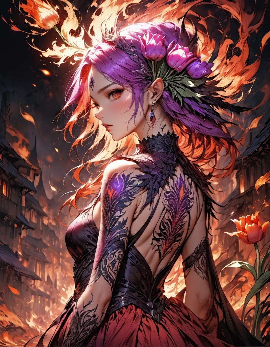 Arafed, Dark fantasy art, fantasy art, goth art, a picture of a tattoo of a tulip on the back of a female elf, a glowing tattoo of a ((tulip: 1.3)) on the elf's back, the ((tulip tattoo: 1.3)) is vivid, intricate detailed,  GlowingRunesAI_purple, ((fire surrounds the tulip: 1.5)), shot taken from the back, ((the back is visible: 1.3), she wears a transparent red dress, the dress is elegant, flowing, elven style, that the tattoos glow, dynamic hair color, dynamic hair style,  vibrant, Ultra-high resolution, High Contrast, (masterpiece:1.5),  highest quality, Best aesthetics, best details, best quality, highres, 16k, (ultra detailed: 1.5), masterpiece, best quality, (extremely detailed) RAW, (ultra details, Masterpiece, best quality) faize, Digital Painting, *channel_42*