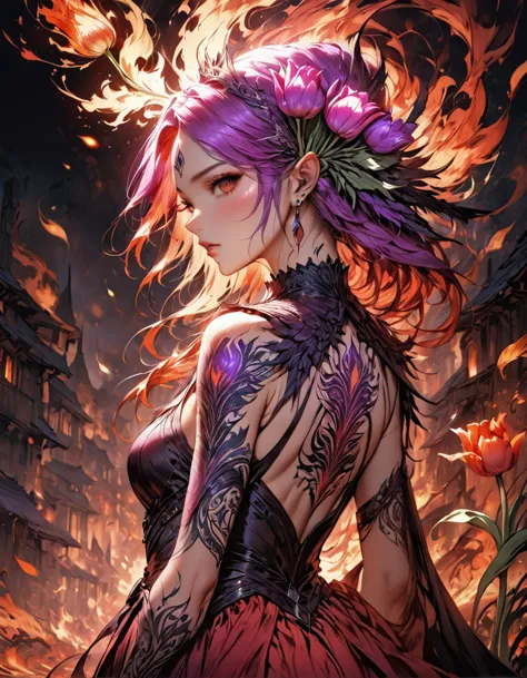 arafed, dark fantasy art, fantasy art, goth art, a picture of a tattoo of a tulip on the back of a female elf, a glowing tattoo ...