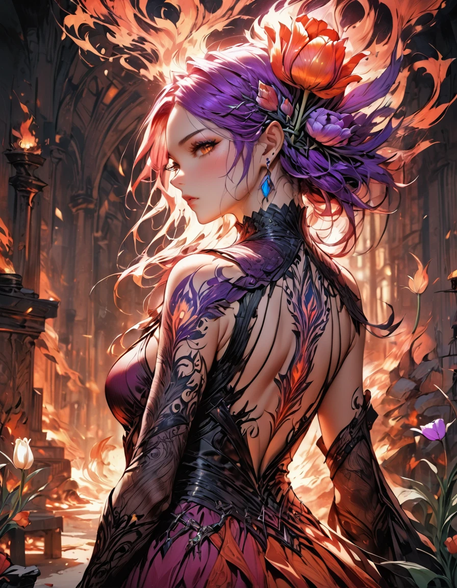 Arafed, Dark fantasy art, fantasy art, goth art, a picture of a tattoo of a tulip on the back of a female elf, a glowing tattoo of a ((tulip: 1.3)) on the elf's back, the ((tulip tattoo: 1.3)) is vivid, intricate detailed,  GlowingRunesAI_purple, ((fire surrounds the tulip: 1.5)), shot taken from the back, ((the back is visible: 1.3), she wears a transparent red dress, the dress is elegant, flowing, elven style, that the tattoos glow, dynamic hair color, dynamic hair style,  vibrant, Ultra-high resolution, High Contrast, (masterpiece:1.5),  highest quality, Best aesthetics, best details, best quality, highres, 16k, (ultra detailed: 1.5), masterpiece, best quality, (extremely detailed) RAW, (ultra details, Masterpiece, best quality) faize, Digital Painting, *channel_42*