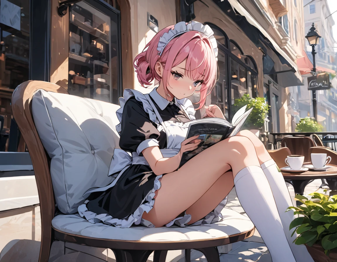 (((Best quality, 8k, Masterpiece: 1.3)), ((best quality)), ((masterpiece)), (detailed), perfect face, A maid girl with short pink hair, A maid costume with frills, high resolution, Textured skin, anime style, Reading a Photo album on the open terrace of a cafe, a coffee cup is placed on a white round table, reading a Photo album, Legs crossed, Knee-high socks