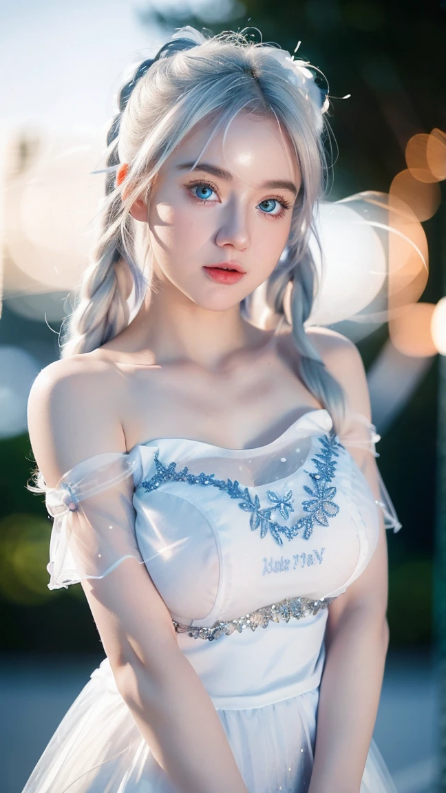 Georgeous, Beautiful, Cute, Baby Face, 18 Years Old, White Skin, Cleavage, ((Large Colossal Breast:1.3)), Sleeveless, Off Shoulder, Strapless, ((Transparent:1.3)), ((White Long Lolita Dress)), (Embroidery), Posing, ((Silver Hair)), ((Bright Blue Eye)), ((Muscles:1.3)), ((Bokeh:1.3)), Animal Farmer Background, Masterpiece, Twintails